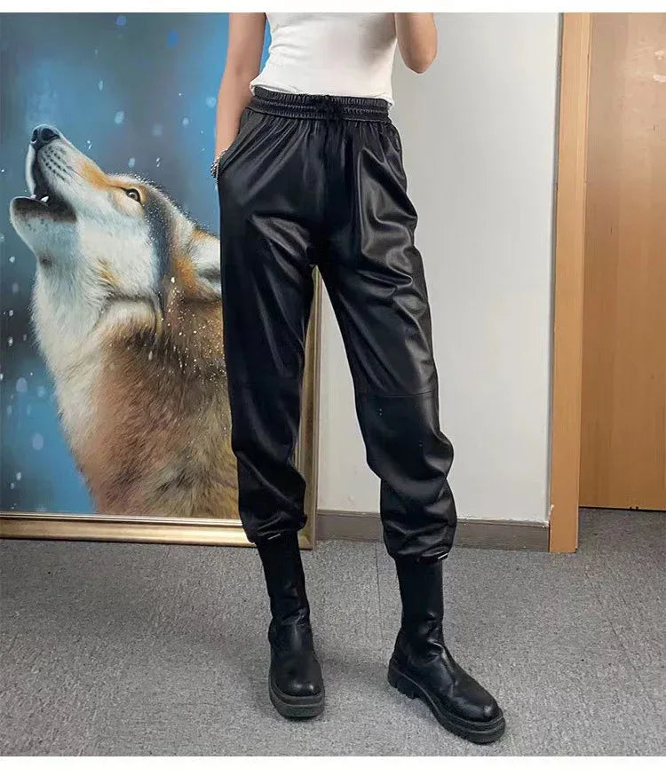 Women Leather Pants High Rise Black Cuff Trousers