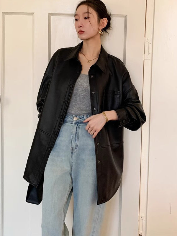 Genuine Leather Shirt Women Black Straight Fit Button Up Jacket