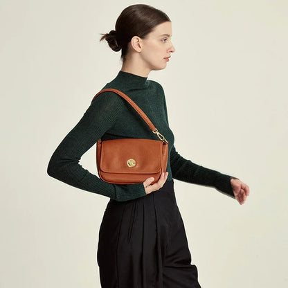 Small Genuine Leather Shoulder Bag with Flap Closure