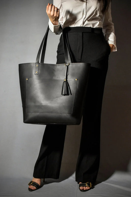 Leather Tote Bag for Work Tall Black Oversized Purse