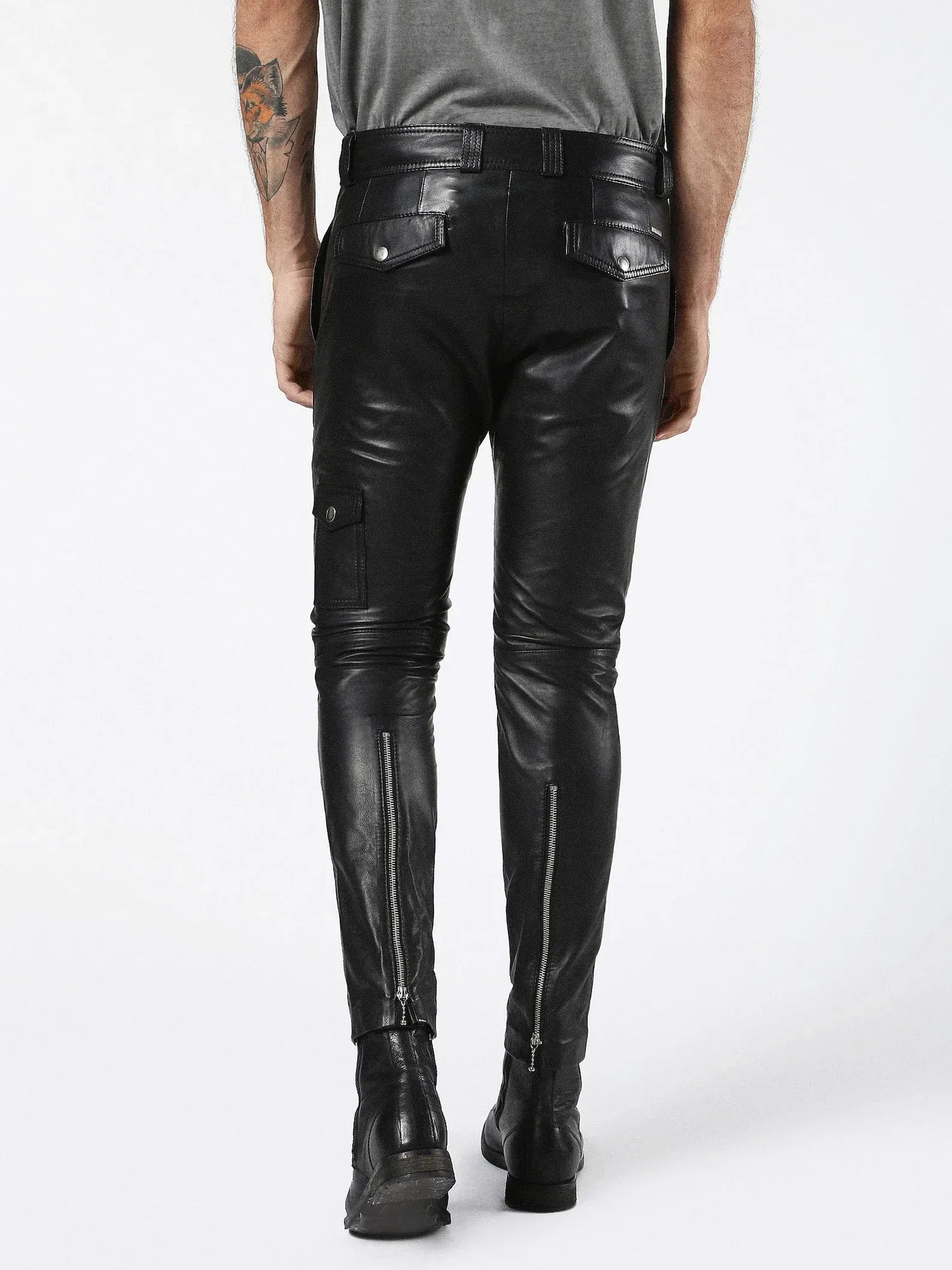 real leather pants men black biker style zipper pocket design