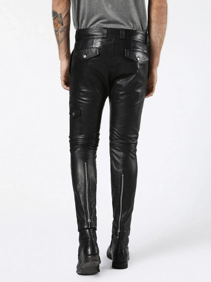 real leather pants men black biker style zipper pocket design