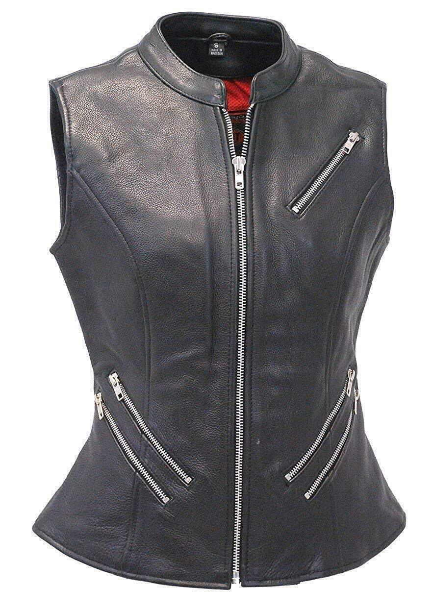 Black Leather Vest for Women With Zipper Pockets