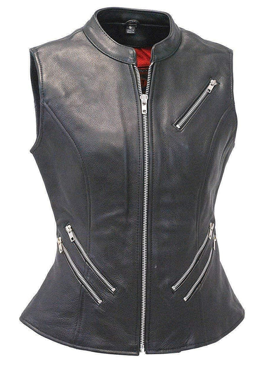 Black Leather Vest for Women With Zipper Pockets
