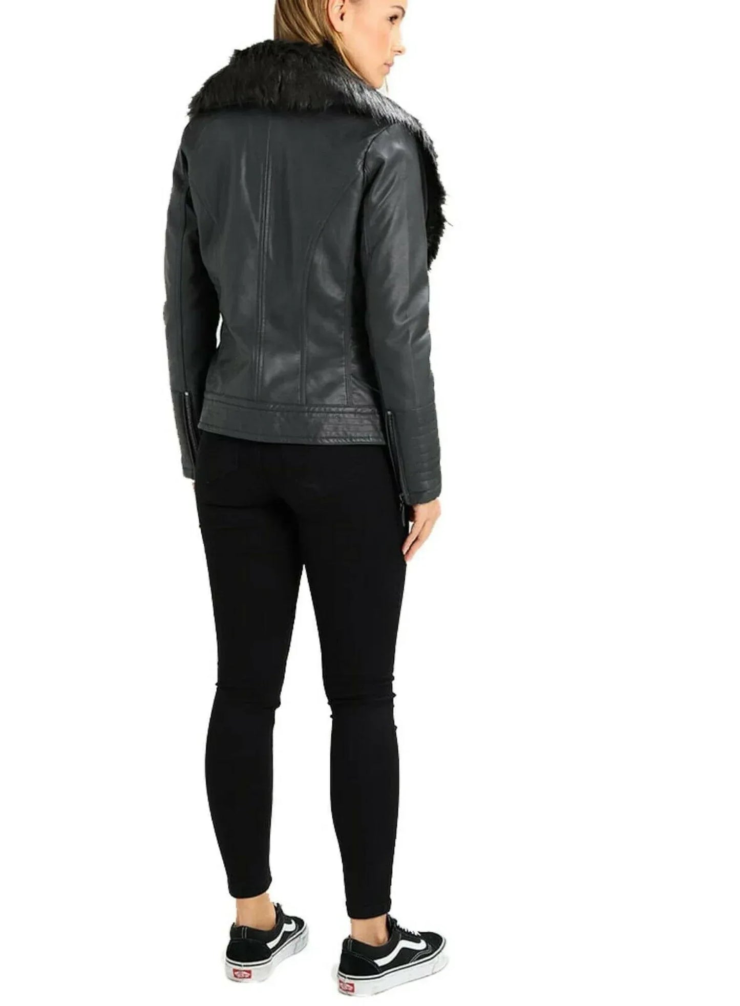 Black Shearling Coat Women Leather Fur Collar Jacket