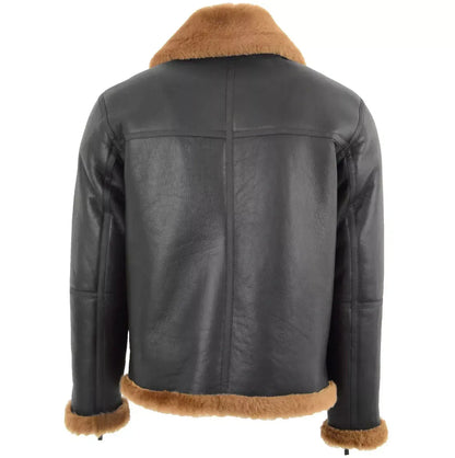 Black Sheepskin Leather Jacket with Brown Faux Fur Collar