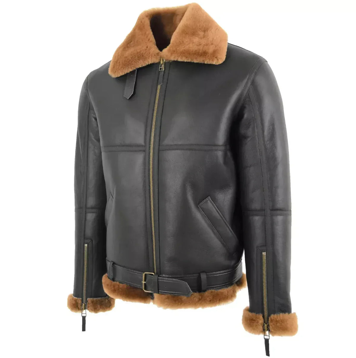 Black Sheepskin Leather Jacket with Brown Faux Fur Collar