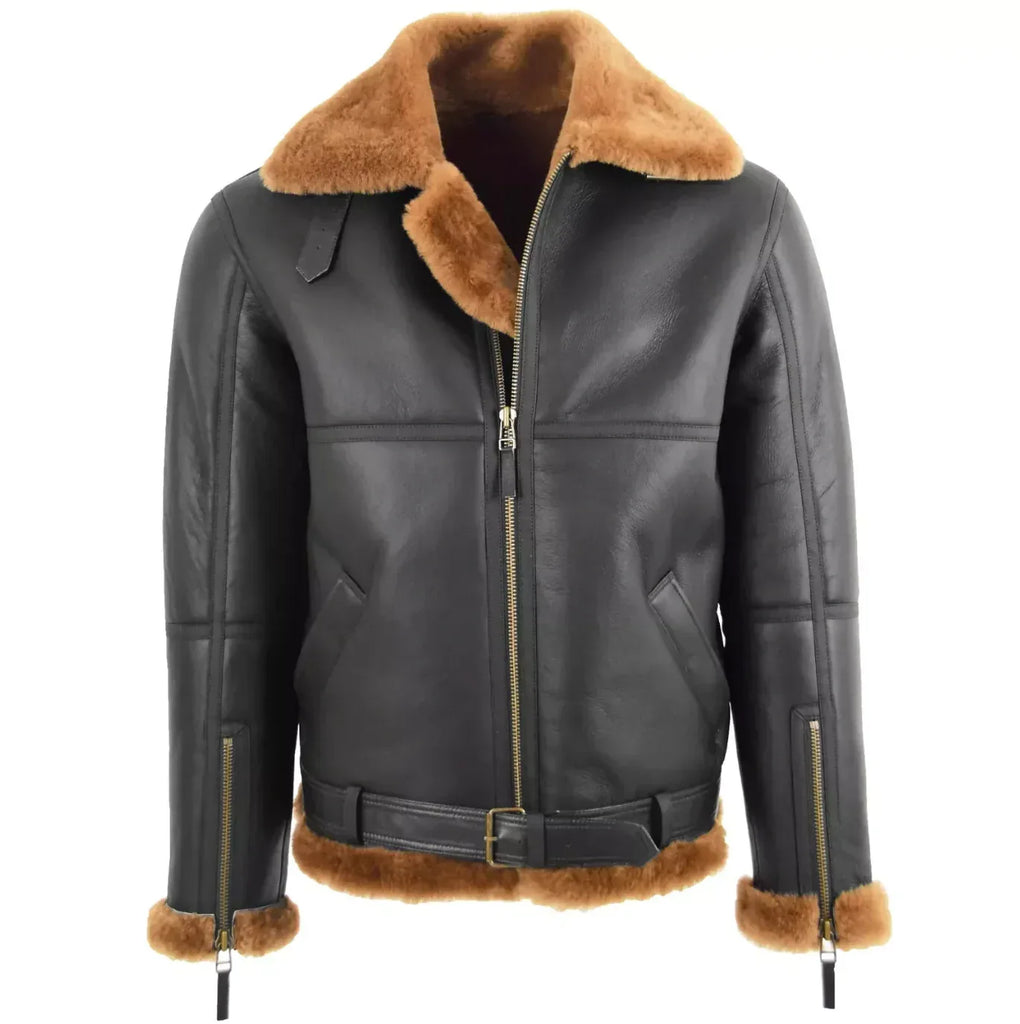 Black Sheepskin Leather Jacket with Brown Faux Fur Collar