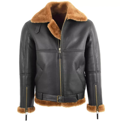 Black Sheepskin Leather Jacket with Brown Faux Fur Collar