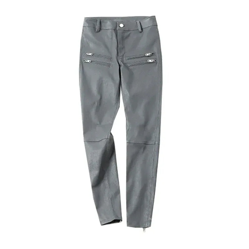 Women's Skinny Sheepskin Leather Pants with Zippers Grey S