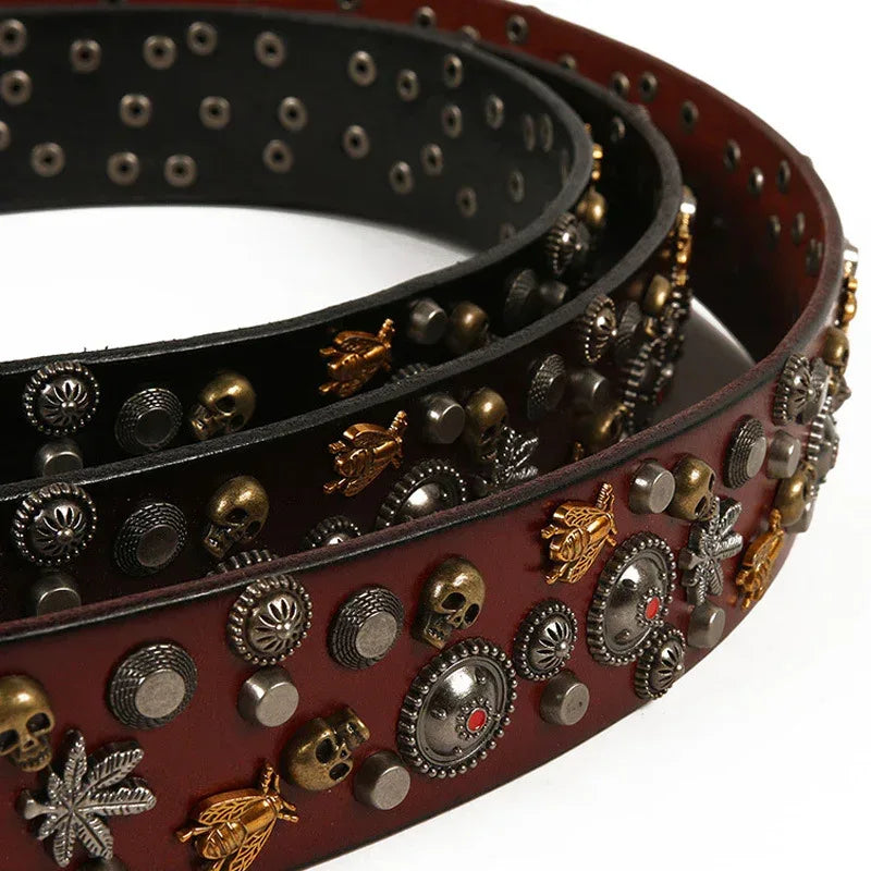 Studded Leather Belt with Skull and Bee Rivets