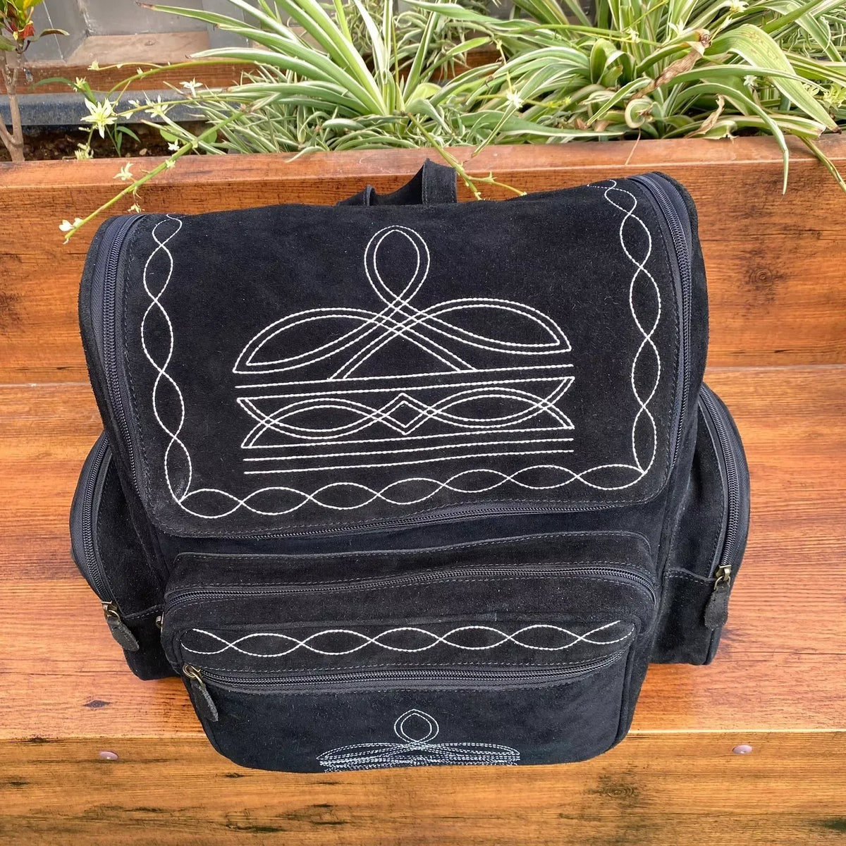 Black Suede Backpack With Western Embroidery Laptop Sleeve
