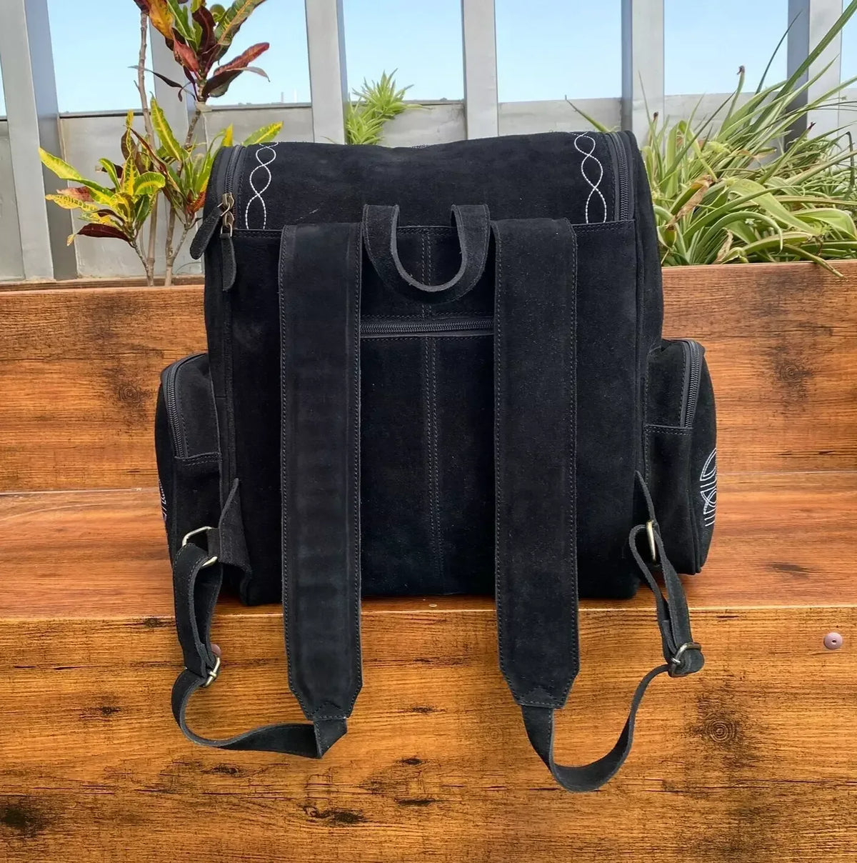Black Suede Backpack With Western Embroidery Laptop Sleeve