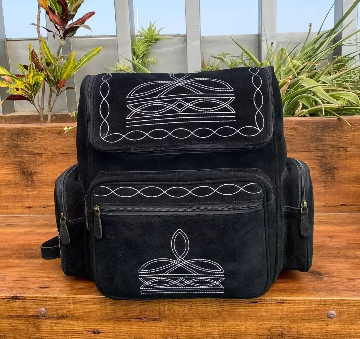 Black Suede Backpack With Western Embroidery Laptop Sleeve