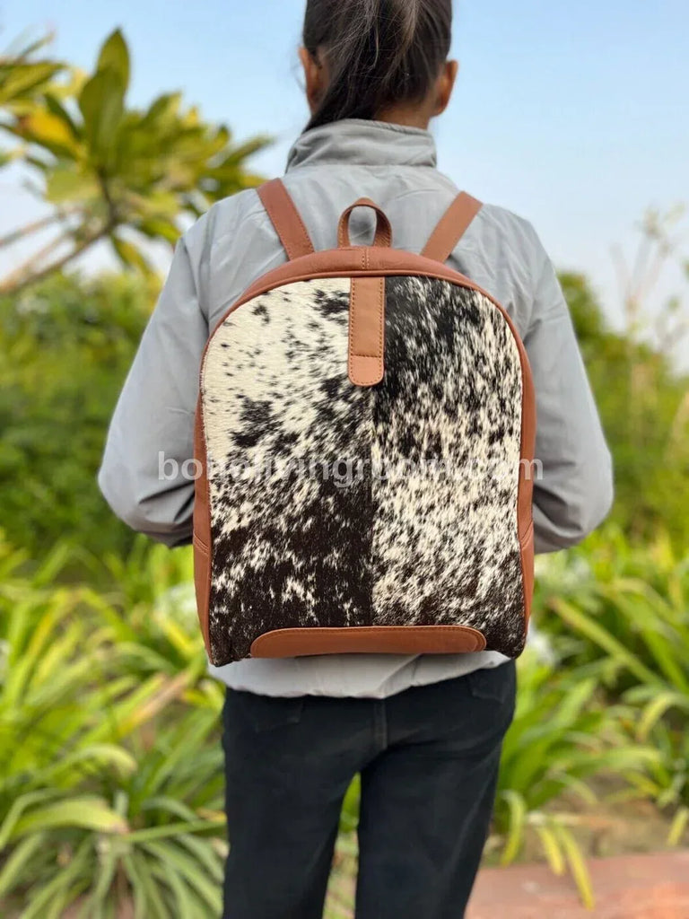 Black White Cowhide Backpack with Brown Leather Trim – Boho Living Room
