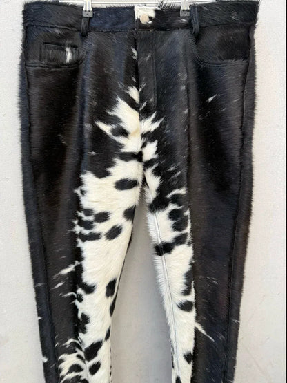 Cowhide Pants Men Real Hair On Hide Black White Trousers