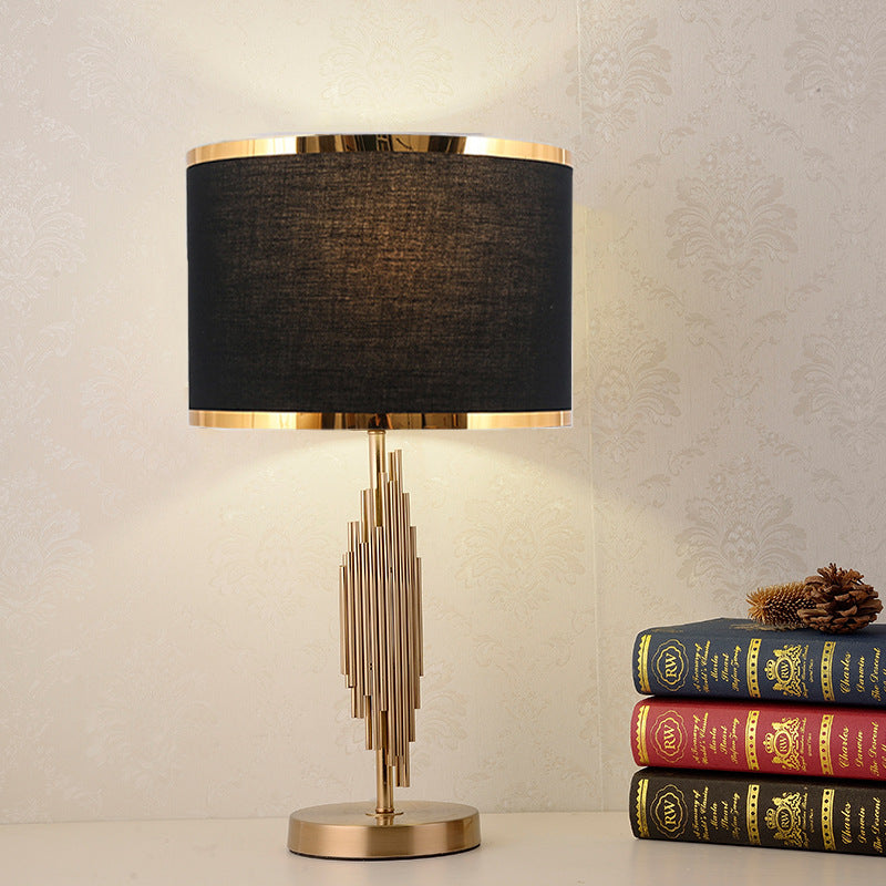 Modern scandinavian brass table lamp with fabric shade Black with double gold trim [Height 55cm] Push Button 110V-120V For US CA