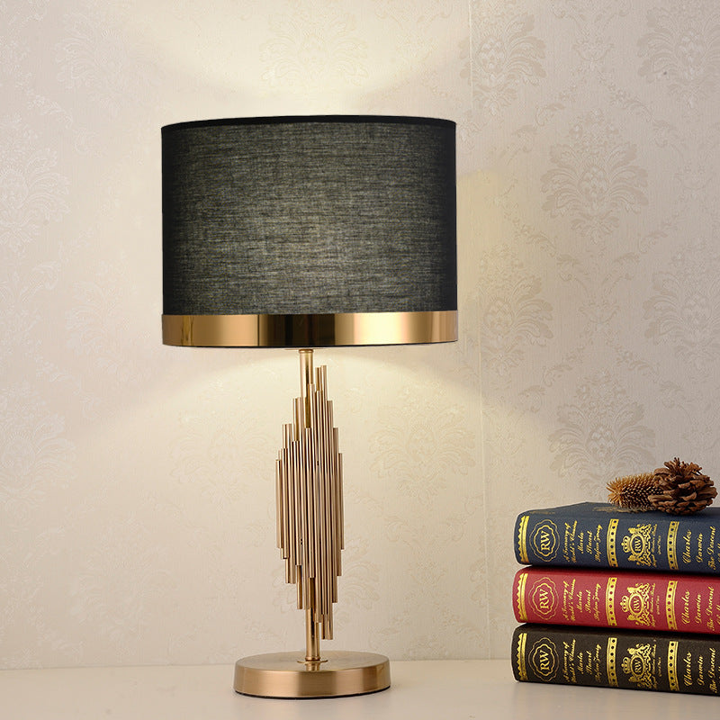 Modern scandinavian brass table lamp with fabric shade Black with gold trim [Height 55cm] Push Button 110V-120V For US CA