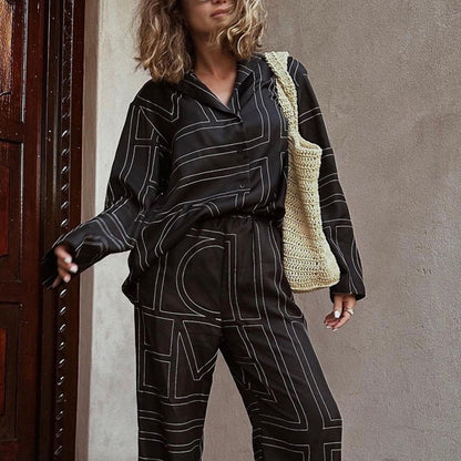 Letter print satin wide leg lounge set