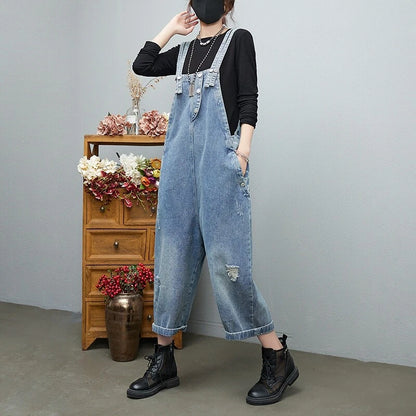 Distressed denim overalls women loose fit adjustable
