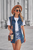 Aztec Pattern Blue Denim Vest Women’s Loose Fit With Collar