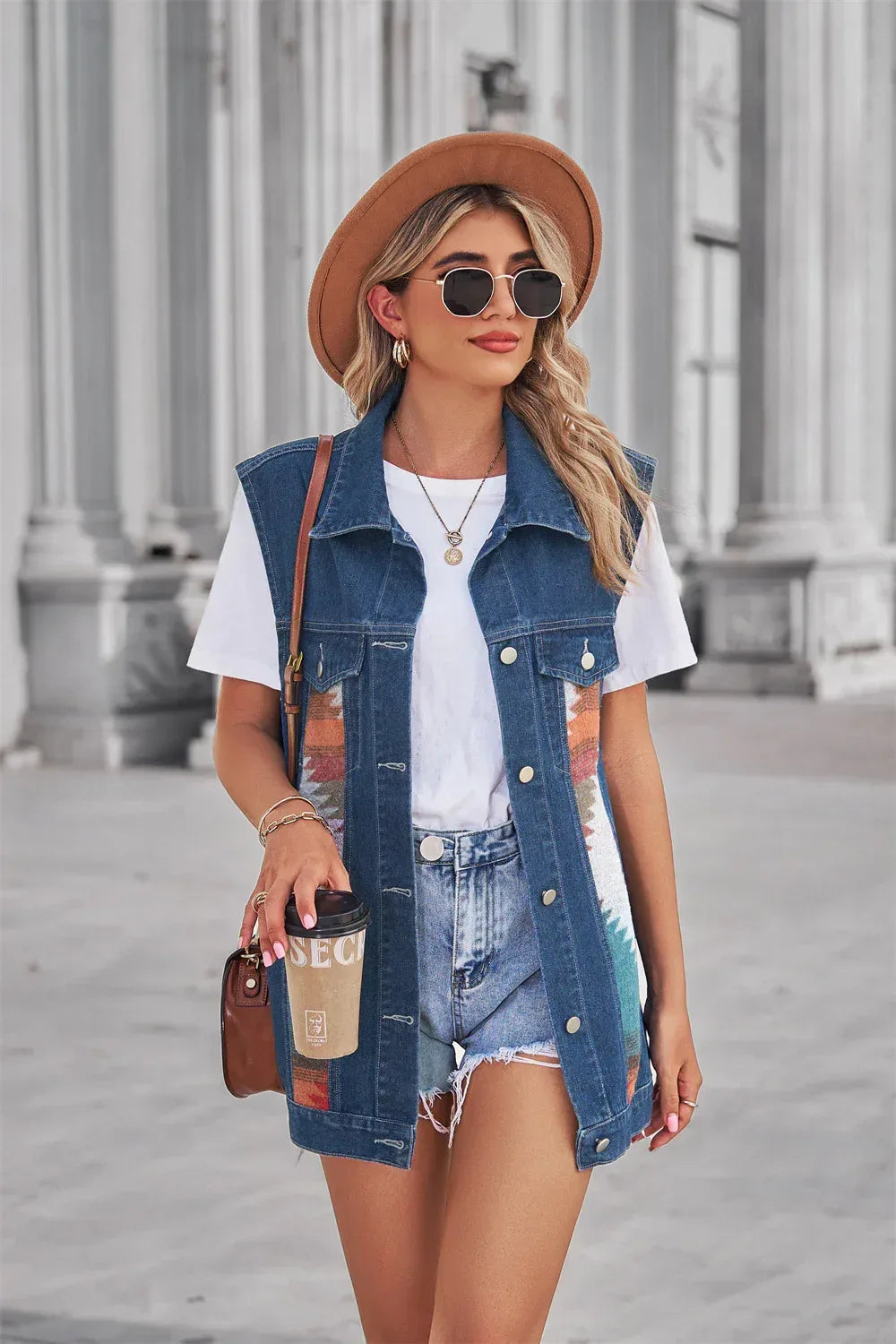 Aztec Pattern Blue Denim Vest Women’s Loose Fit With Collar
