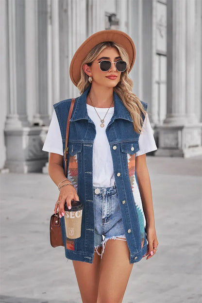 Aztec Pattern Blue Denim Vest Women’s Loose Fit With Collar