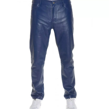 Blue leather pants mens slim fit trouser