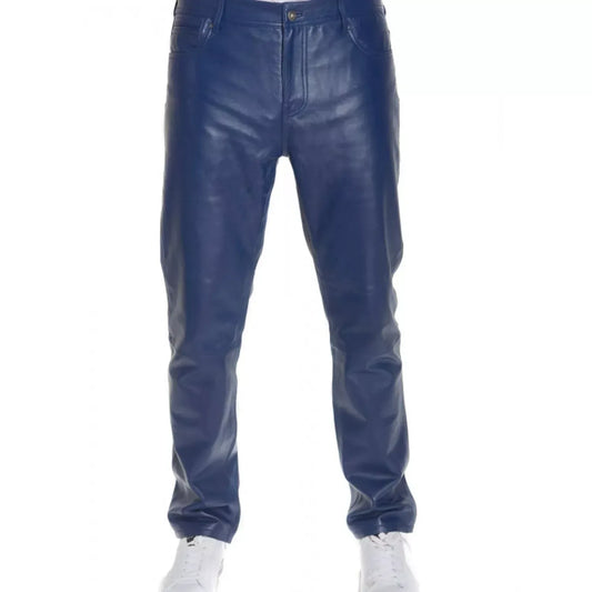 Blue leather pants mens slim fit trouser