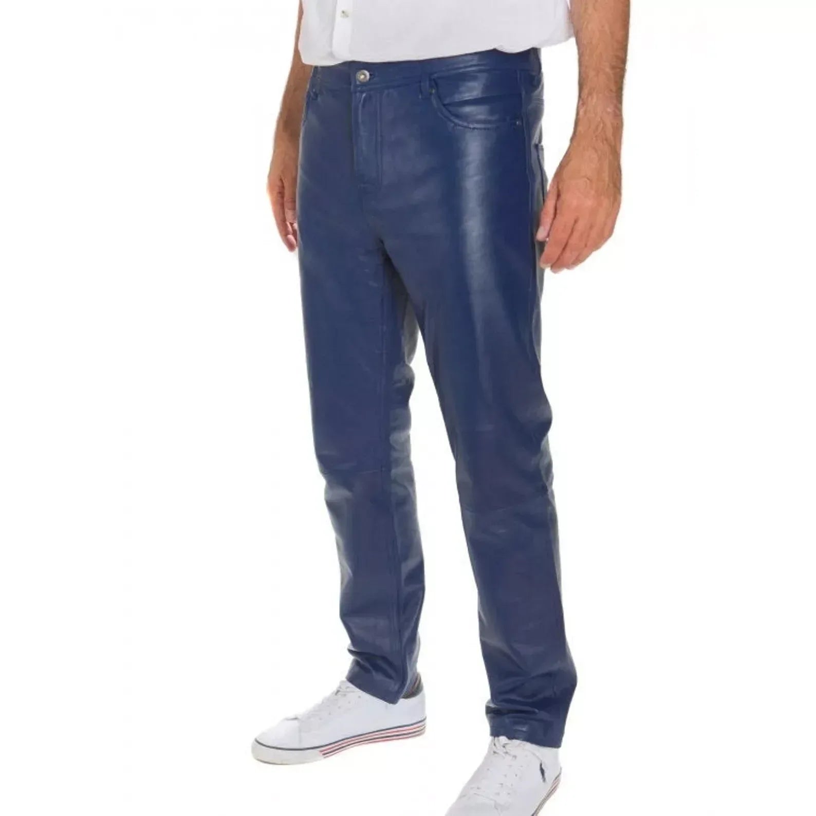Blue leather pants mens slim fit trouser