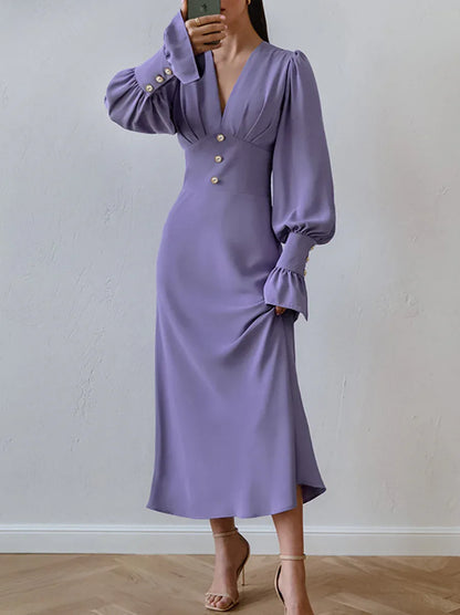 Baby Blue V Neck Long Sleeve Midi Dress