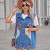 Aztec Pattern Blue Denim Vest Women’s Loose Fit With Collar