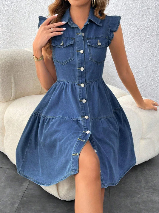 Above Knee Sleeveless Denim Dress Outfit with Pockets
