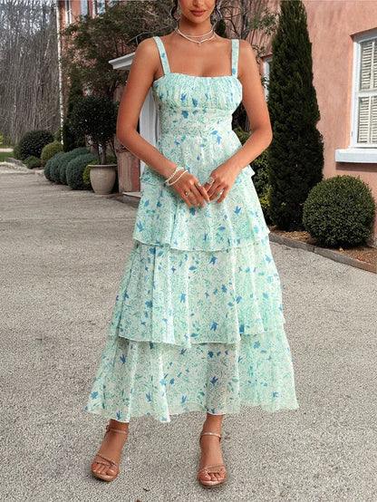 Boho Floral Maxi Dress in Green with Tiered Ruffles