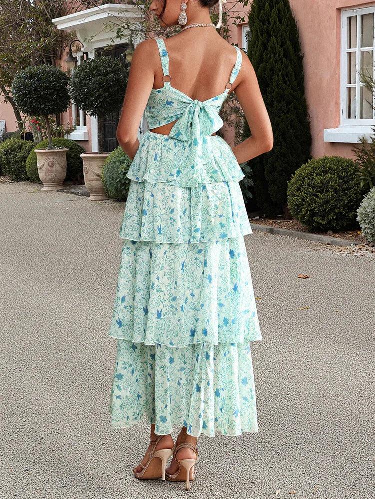 Boho Floral Maxi Dress in Green with Tiered Ruffles