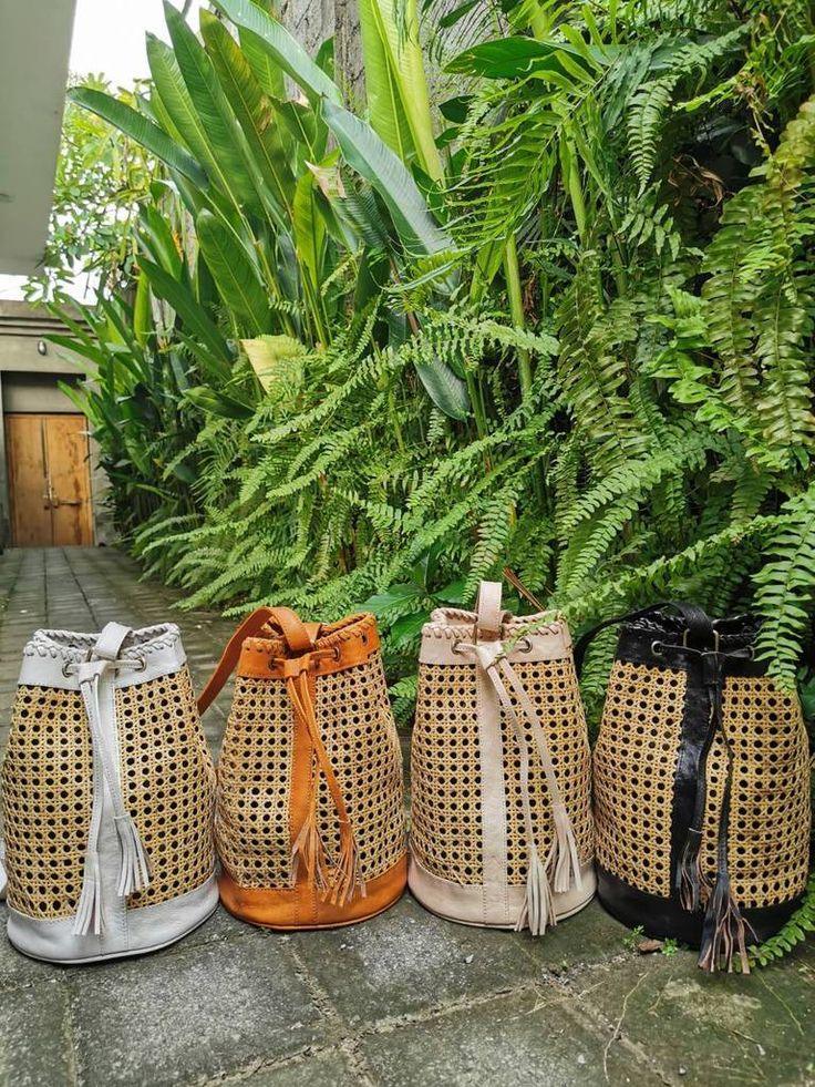 Rattan Leather Bucket Bag Boho Backpack Purse