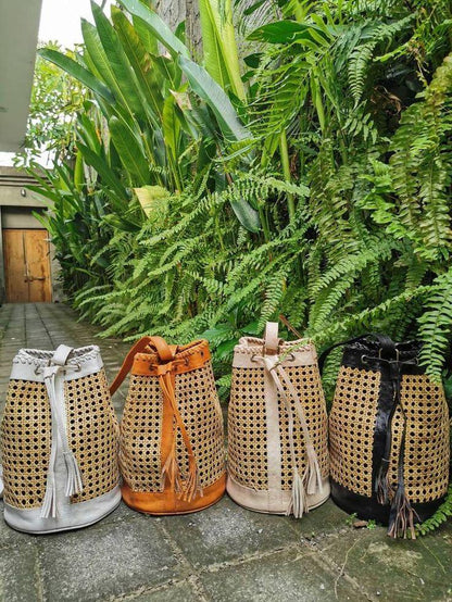 Rattan Leather Bucket Bag Boho Backpack Purse