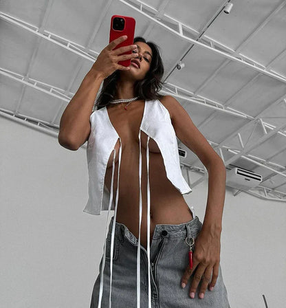 White Knotted V-Neck Crop Tank Top for Women Summer