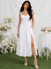 White corset midi dress with slit and smocked back