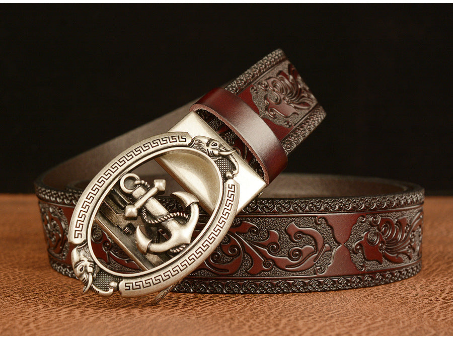 Men Western Anchor Buckle Leather Belt