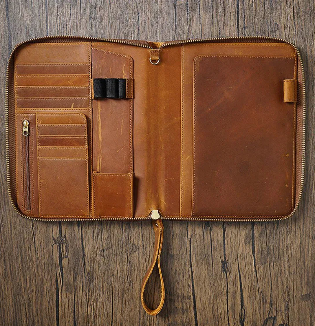 A5 Genuine Leather Zipper Business Portfolio Brown 2