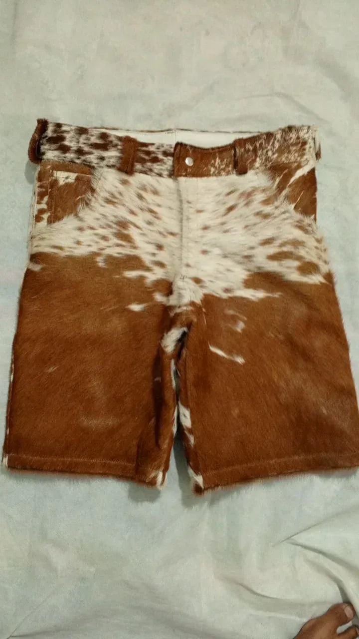 Brown Cowhide Shorts for Men with Natural White Hide