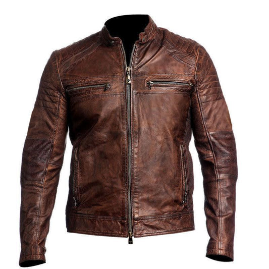 Brown Distressed Motorcycle Jacket for Men in Full Grain Sheepskin