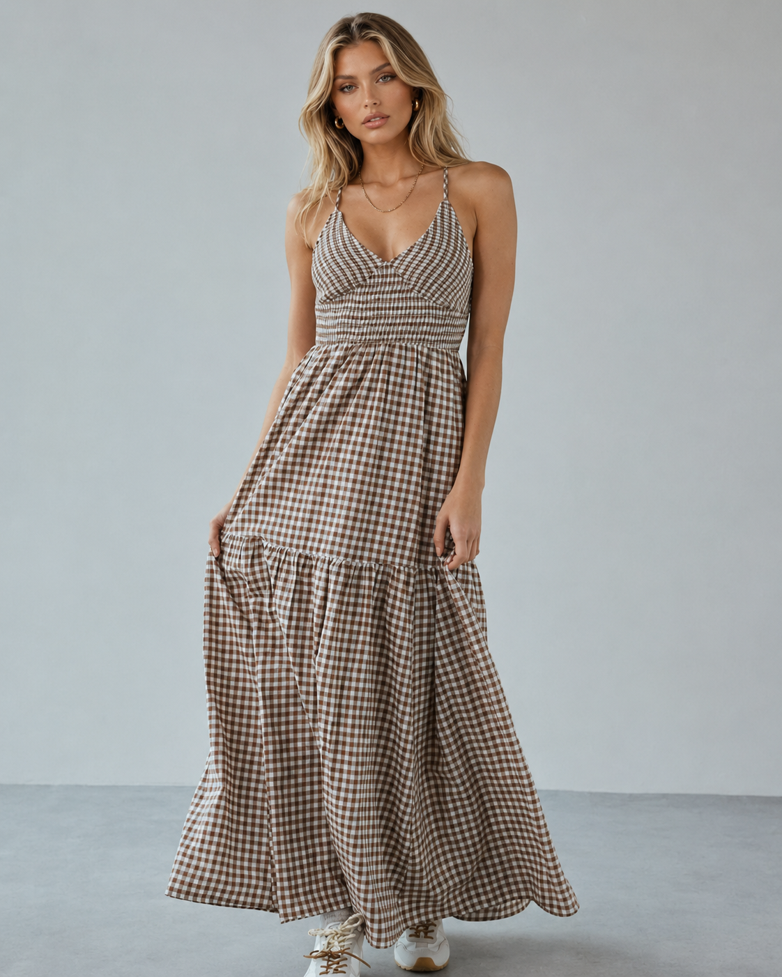 Brown Gingham Smocked Crisscross-Back Tiered Maxi Dress