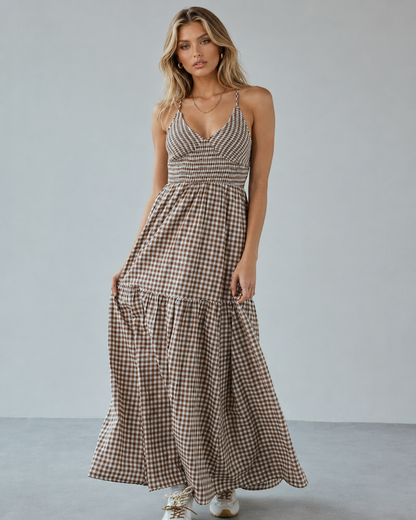 Brown Gingham Smocked Crisscross-Back Tiered Maxi Dress