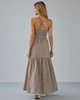  Brown gingham smocked maxi dress with a V-neck, fitted waist and flowing tiered skirt.