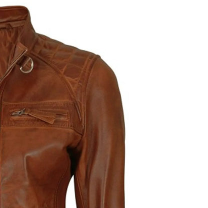 Brown Leather Jacket for Women Slim Fit Biker Style