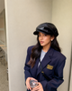 Leather womens beanie with short brim crown