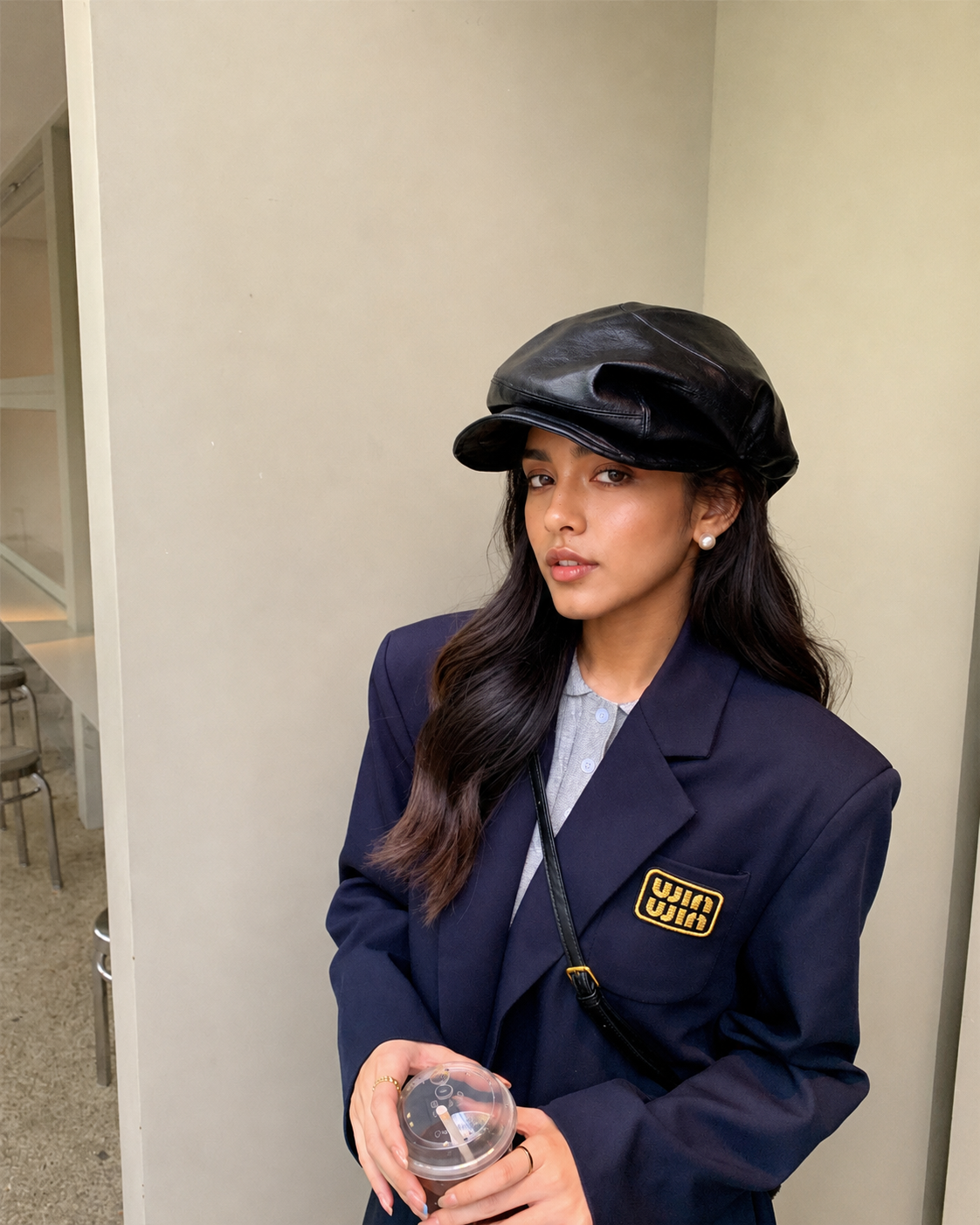 Leather womens beanie with short brim crown