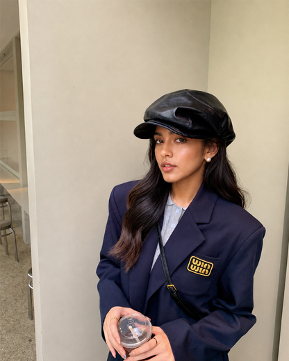 Leather womens beanie with short brim crown